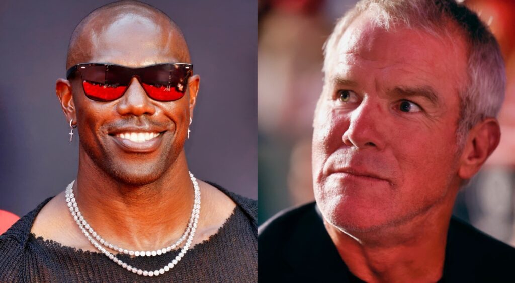 Terrell Owens smiling and Brett Favre looking on