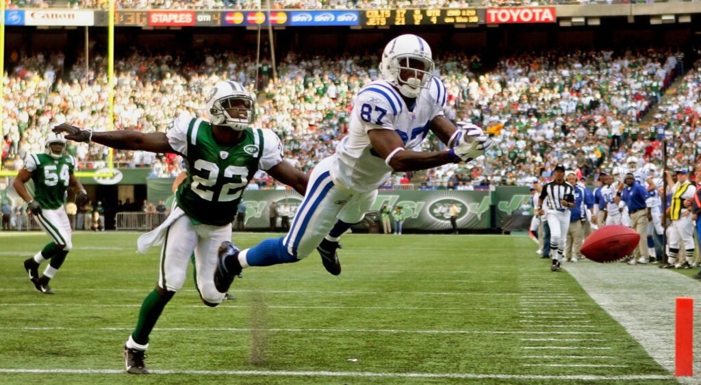 Justin Miller of the New York Jets is called for a pass interference with wide receiver Reggie Wayne #87 of the Indianapolis Colts which resulted in a first down in the fourth quarter of the game against the New York Jets