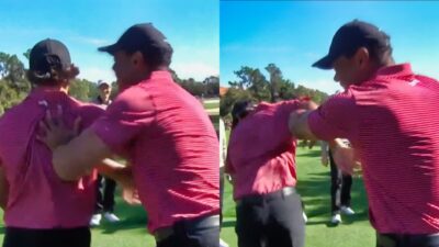 Photos of Tiger Woods celebrating with his son Charlie Woods