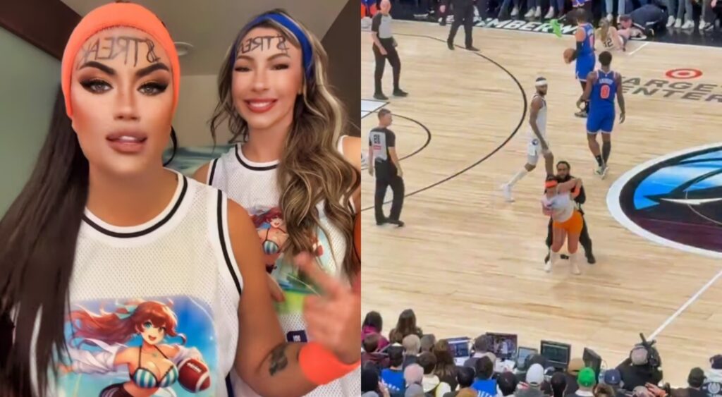 Photo of Toochi Kash and Amberghini posing and photo of them rushing Knicks-Timberwolves game