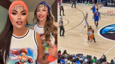 Photo of Toochi Kash and Amberghini posing and photo of them rushing basketball court