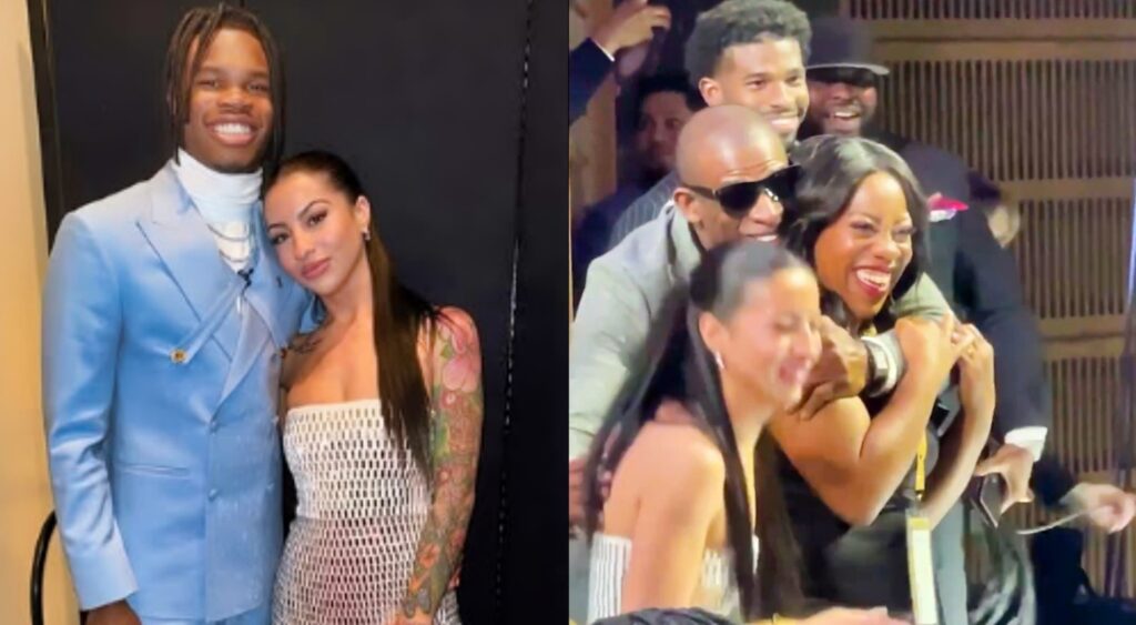 Photos of Travis Hunter with GF Leanna Lenee and photo of Deion Sanders with Travis Hunter's GF and mother