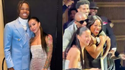 Photos of Travis Hunter with GF Leanna Lenee and photo of Deion Sanders with Travis Hunter's GF and mother