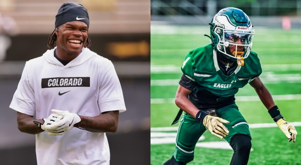 Photo of Travis Hunter laughing and photo of Trayvis Hunter in Eagles gear