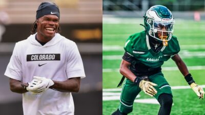 Photo of Travis Hunter laughing and photo of Trayvis Hunter in Eagles gear