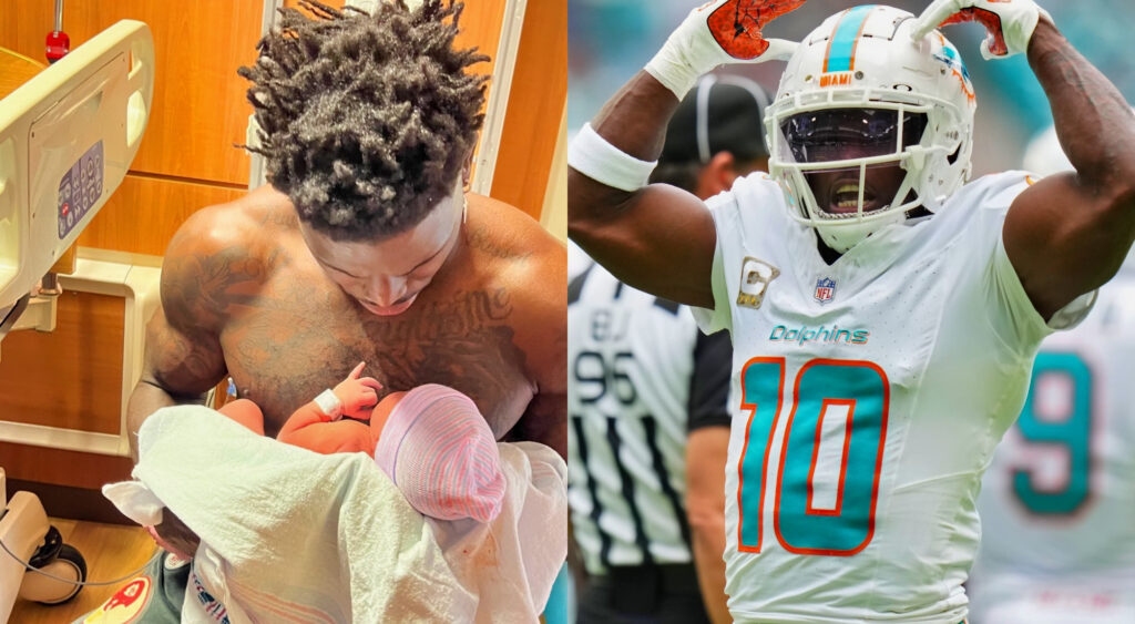 Photo of Tyreek holding his baby girl and photo of Tyreek Hill in Dolphins uniform