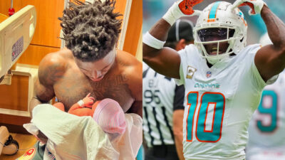 Photo of Tyreek holding his baby girl and photo of Tyreek Hill in Dolphins uniform