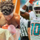 Photo of Tyreek holding his baby girl and photo of Tyreek Hill in Dolphins uniform