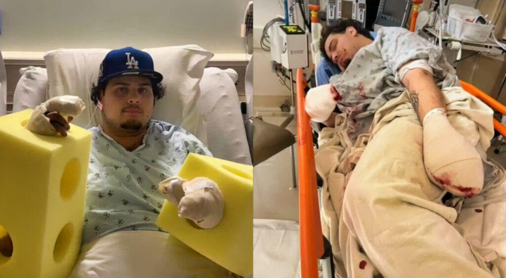 Photo of Kevin King in Dodgers jersey and photo of Kevin King in hospital bed