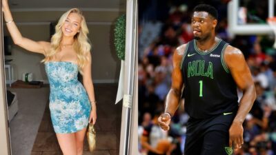 Zion Williamson in uniform and Sydney Thomas posing in dress