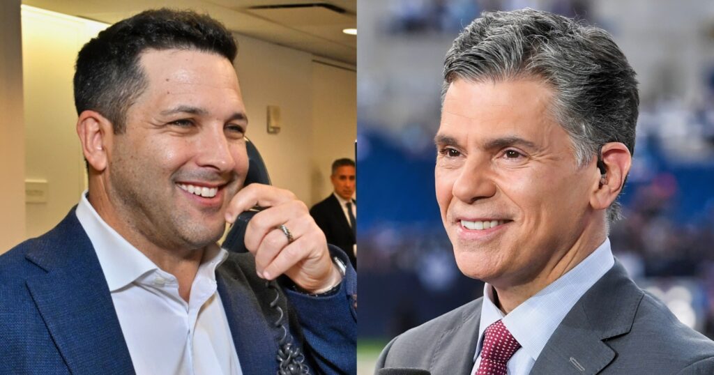 Adam Schefter speaking on phone (left). Adam Schefter looking on (right).