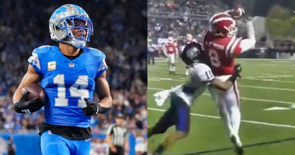 Amon-Ra St. Brown running with ball (left). St. Brown making a catch (right).