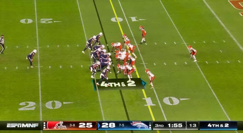 Bo Nix and Denver Broncos running a play against Cleveland Browns.