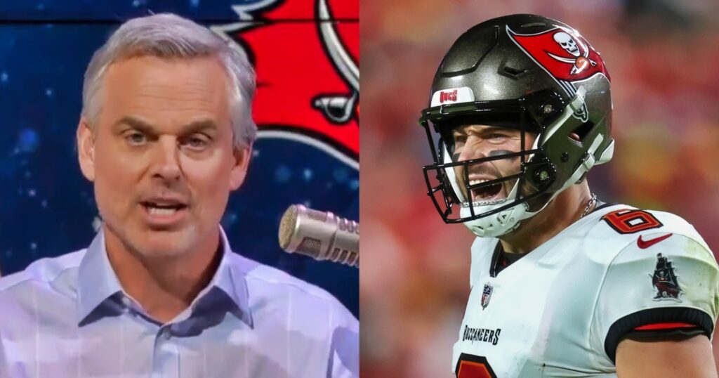 Colin Cowherd speaking on his show (left). Baker Mayfield looking on (right).