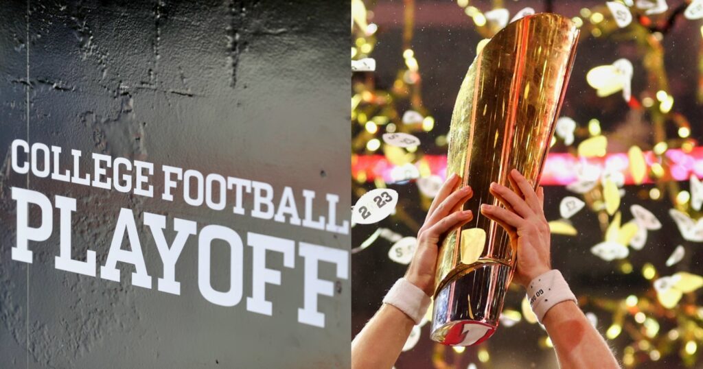 College Football Playoff logo (left) and national championship trophy (right).