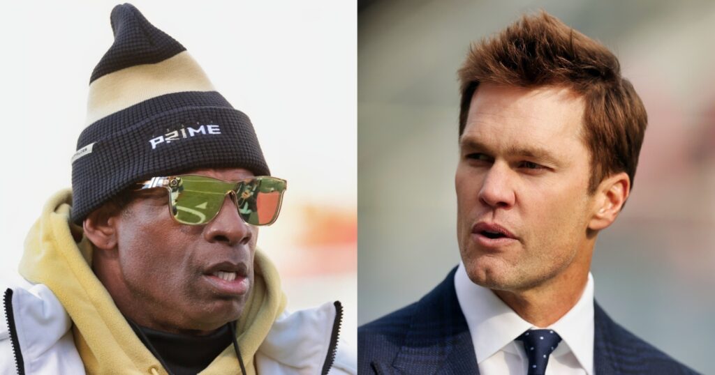 Deion Sanders looking on (left). Tom Brady looks on (right).