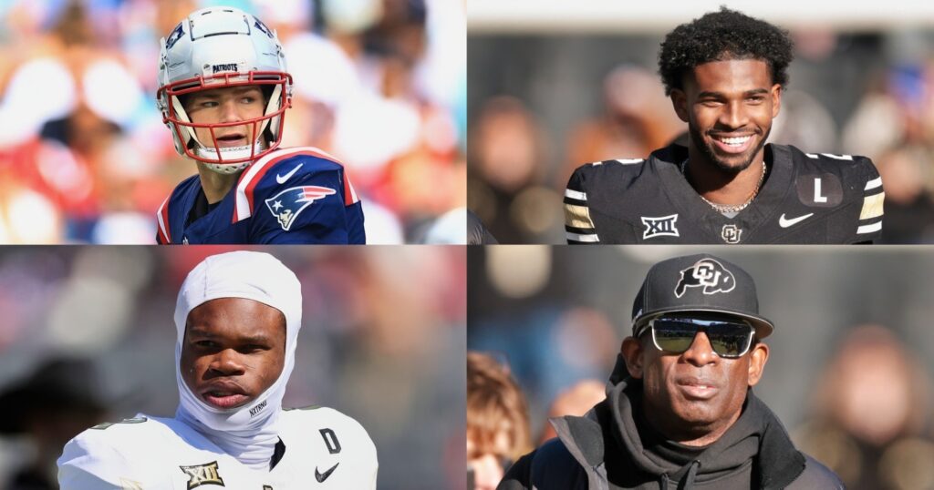 Drake Maye, Shedeur Sanders, Travis Hunter and Deion Sanders all looking on.