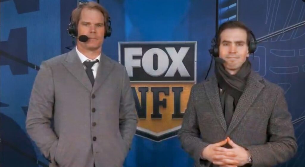 Greg Olsen and Joe Davis speaking in broadcast booth.