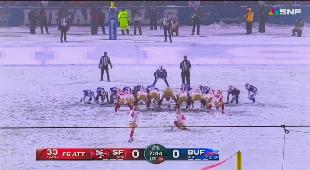 Jake Moody of San Francisco 49ers lining up for kick.