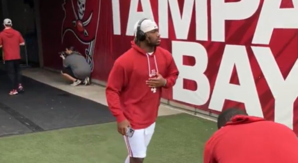 Jalen Milroe looking on before ReliaQuest Bowl.