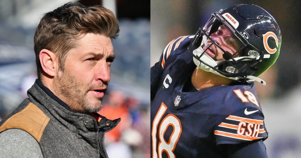 Jay Cutler looking on (left). Caleb Williams reacts during game (right).