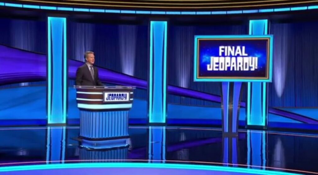 A screenshot of Ken Jennings on "Jeopardy!" The popular show poked fun at the New York Jets.