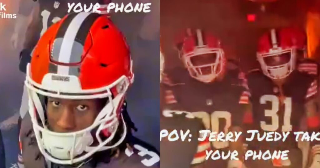 Jerry Jeudy looking on (left). Cleveland Browns players in tunnel (right).