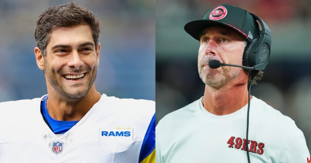 Jimmy Garoppolo and Kyle Shanahan looking on.