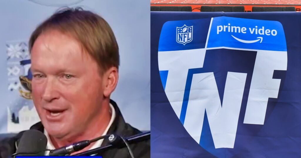 Jon Gruden looking on (left). 'Thursday Night Football' logo shown (right).