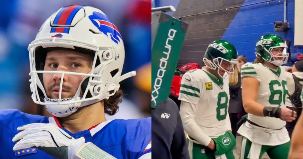 Josh Allen looking on (left). New York Jets walking onto field (right).