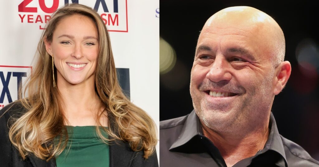 Kylie Kelce looking on (left). Joe Rogan smiling at event (right).