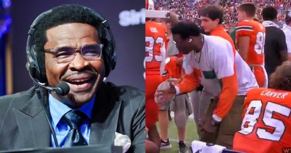 Michael Irvin looking on (left). Irvin speaking on Miami sidelines (right).