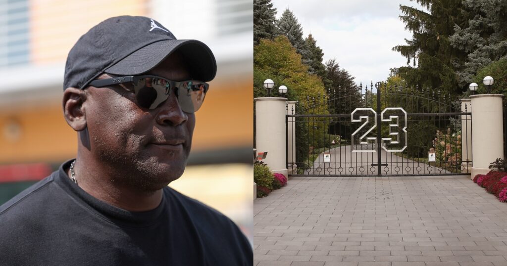 Michael Jordan looking on (left). A view of the gate to his old mansion (right).