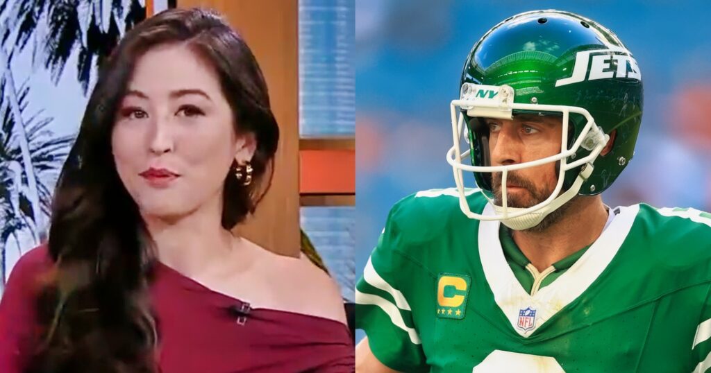 Mina Kimes speaking on TV (left). Aaron Rodgers looking on (right).