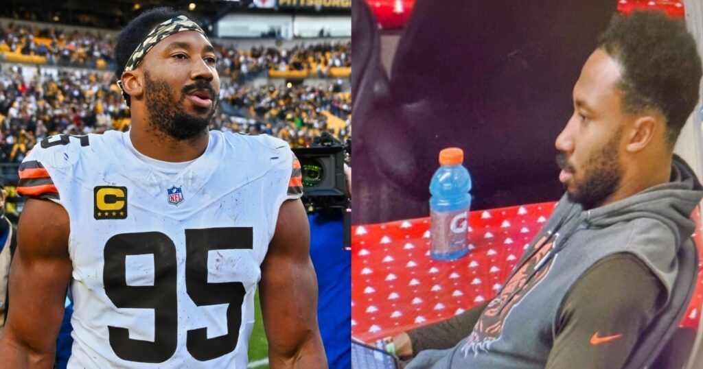 Myles Garrett looking on during game (left). Garrett in meeting (right).