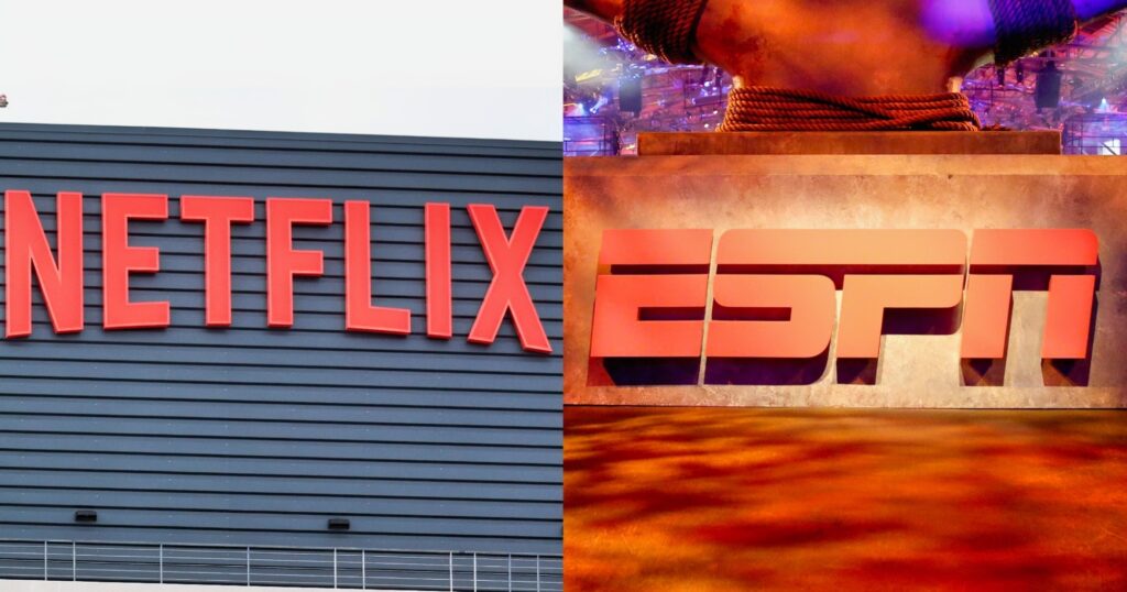 Netflix and ESPN logos. The former reportedly wants Mina Kimes for the NFL Christmas games.