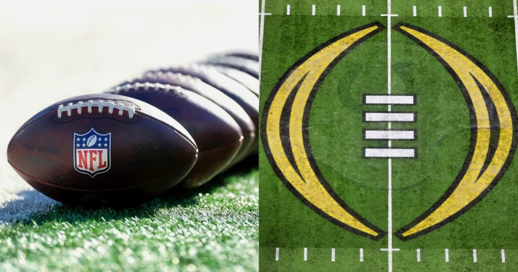 NFL footballs shown on field (left). NCAA logo shown on field (right). Cole Pennington is entering the transfer portal.