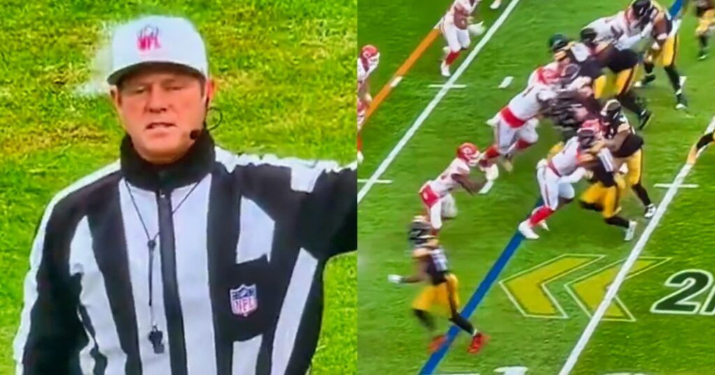 Craig Wrolstad making a call (left). Kansas City Chiefs vs. Pittsburgh Steelers (right). Fans are criticizing the NFL refs.