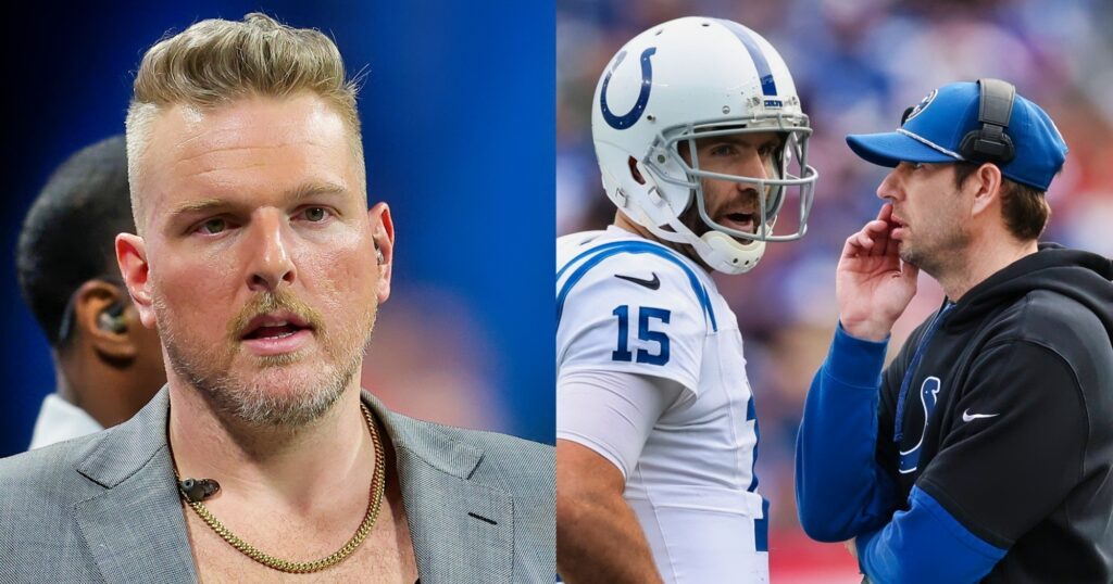 Pat McAfee looking on (left). Joe Flacco and Shane Steichen talking during game (right).