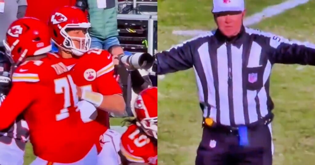 Patrick Mahomes looking to throw (left). Official making a call (right). Fans think NFL refs are rigging the game.