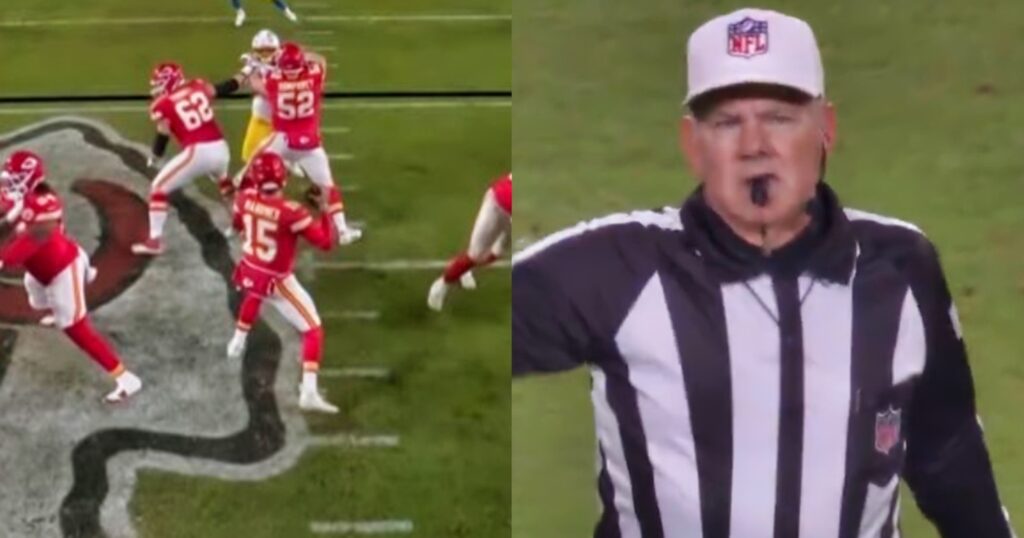 Patrick Mahomes throwing ball (left). NFL ref Bill Vinovich making  a call. 