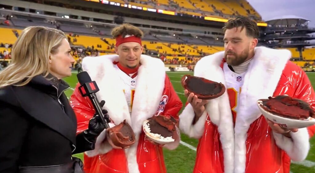 Stacey Dales, Patrick Mahomes and Travis Kelce speaking after game.