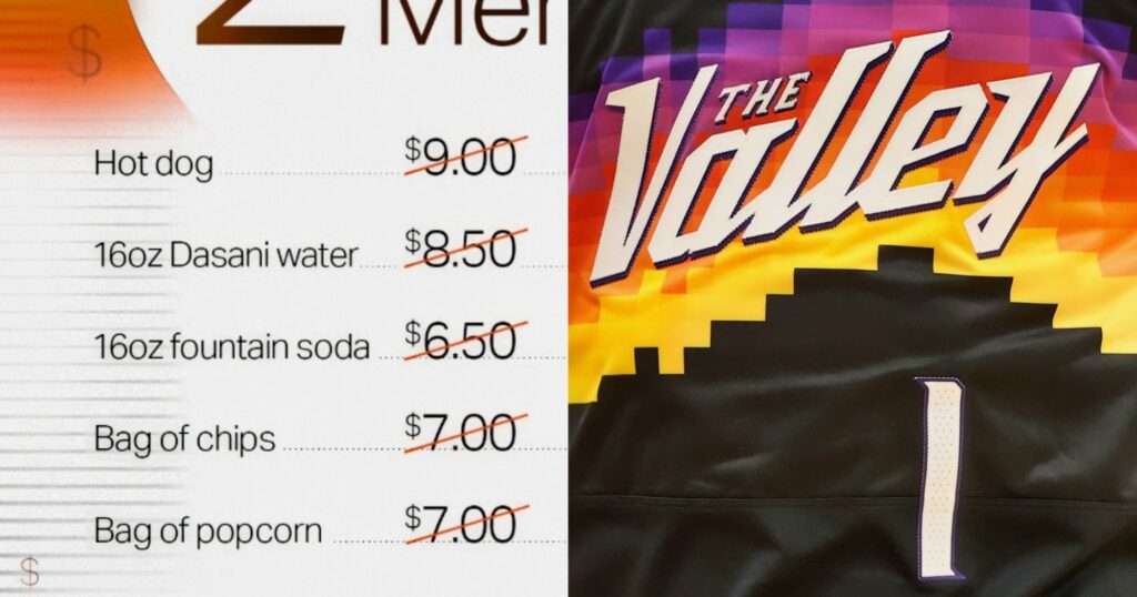 Phoenix Suns concession price listing (left). Suns jersey and logo (right).