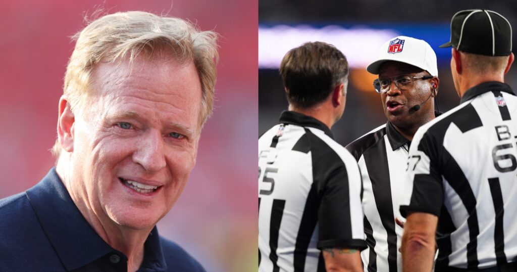 Roger Goodell (left) and NFL refs (right) .