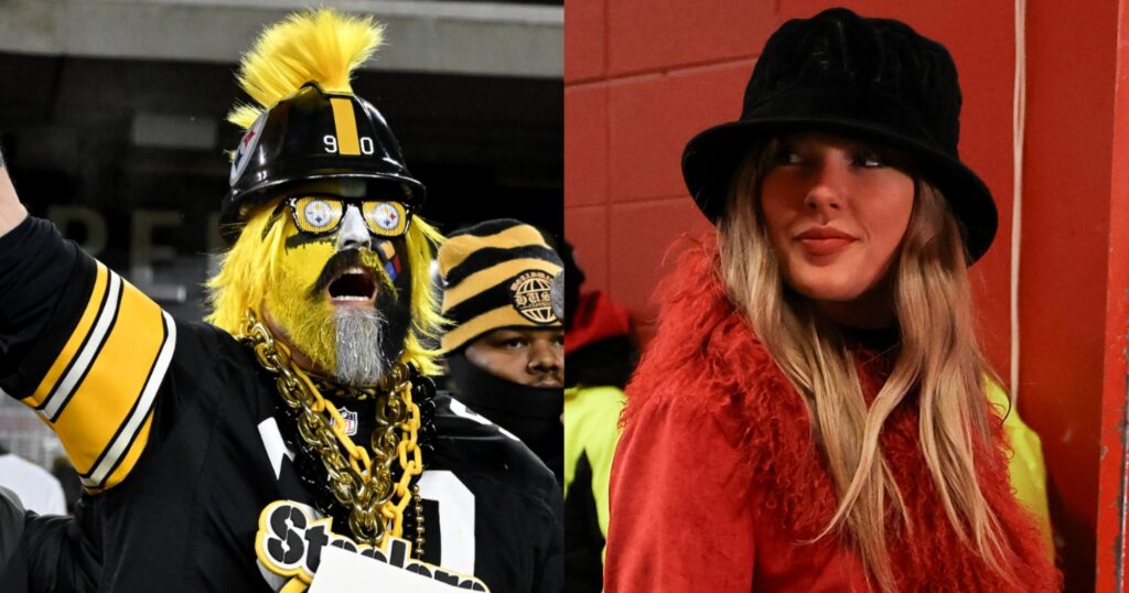 Pittsburgh Steelers fan reacts (left) Taylor Swift looking on (right).