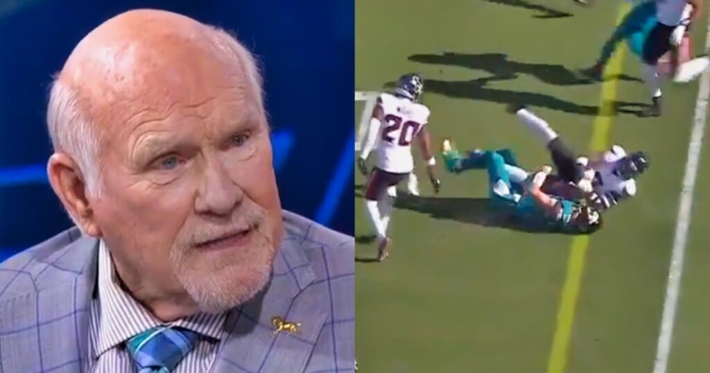 Terry Bradshaw speaking on show (left). Trevor Lawrence taking a hit (right).