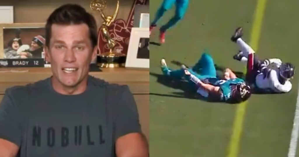 Tom Brady speaking on television (left). Trevor Lawrence on field after hit (right).