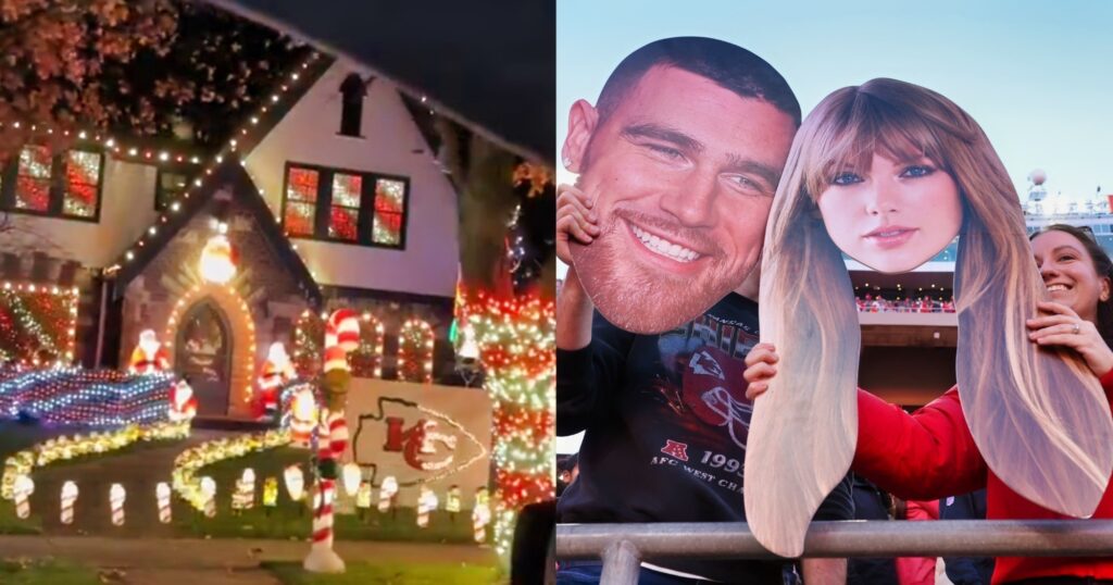 Christmas lights,shown on display (left). Travis Kelce and Taylor Swift (right).