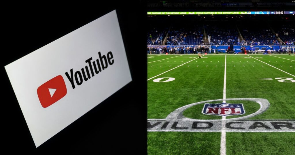 Logos for YouTube (left) and NFL playoffs (right) shown on field.