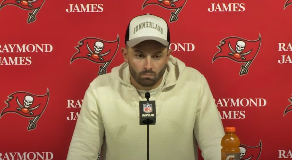 Baker Mayfield talking to reporters